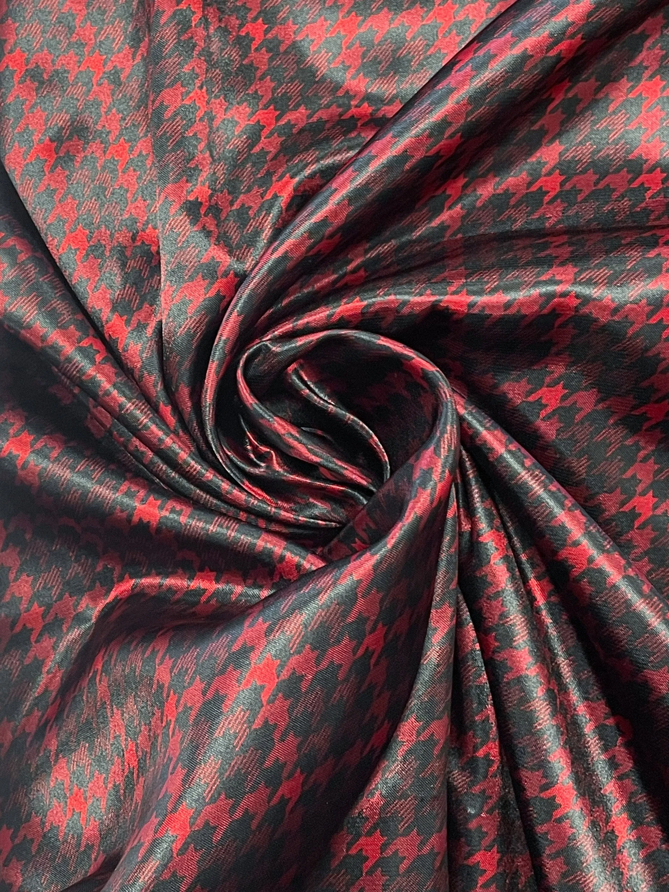 1 1/2 YD Polyester Satin Printed Houndstooth - Red and Black