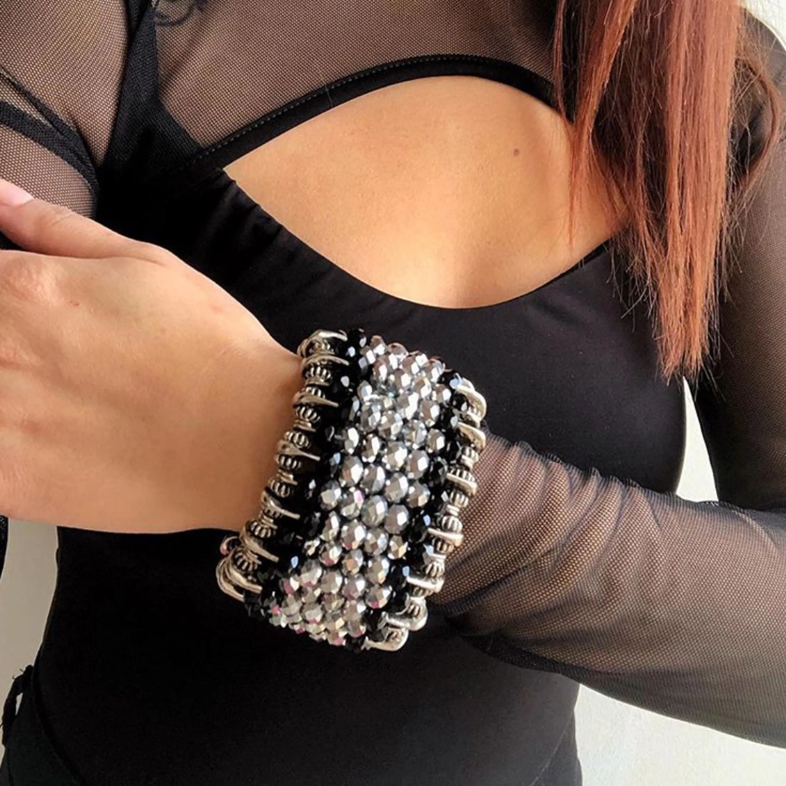 #1037b Hematite/Black/Silver Tone Safety Pin Cuff Bracelet