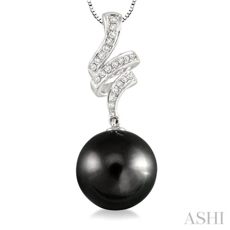 10x10mm Cultured Black Pearl and 1/8 Ctw Round Cut Diamond Pendant in 14K White Gold with Chain