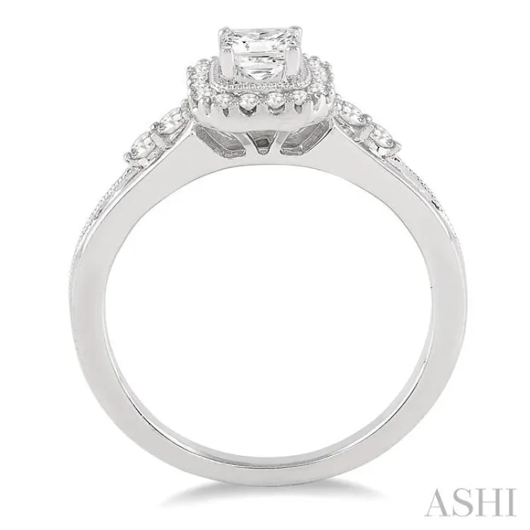 1/2 Ctw Diamond Engagement Ring with 1/4 Ct Princess Cut Center Stone in 14K White Gold