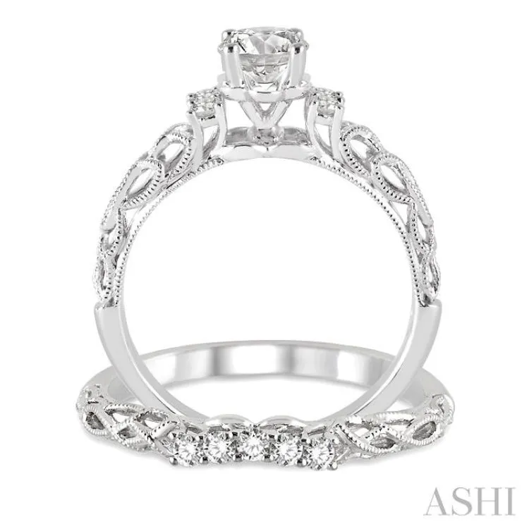 1/2 Ctw Diamond Wedding Set with 1/3 Ctw Round Cut Engagement Ring and 1/10 Ctw Wedding Band in 14K White Gold