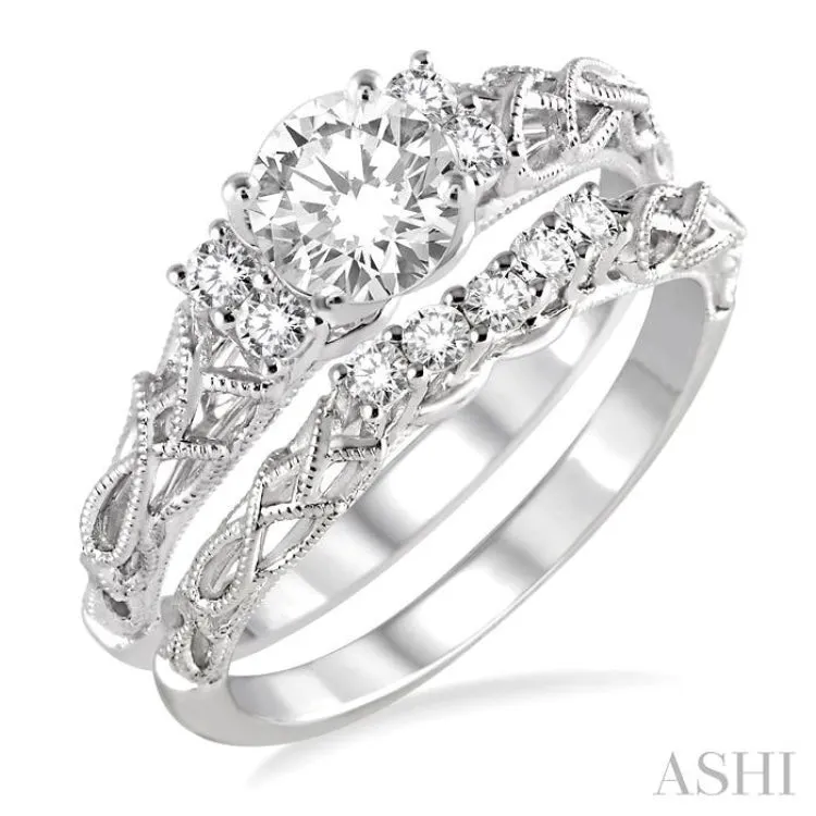 1/2 Ctw Diamond Wedding Set with 1/3 Ctw Round Cut Engagement Ring and 1/10 Ctw Wedding Band in 14K White Gold