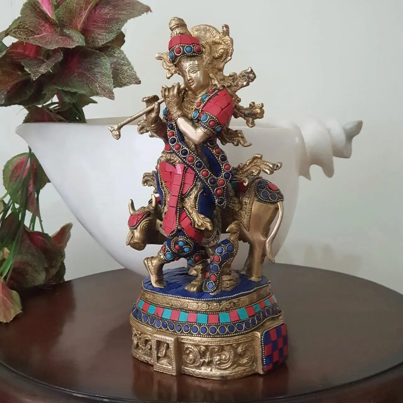 12 Inches Lord Krishna Cow idol - Brass Stonework Statue for Home