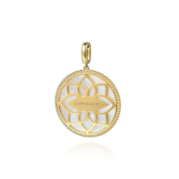 14K Yellow Gold 32mm Bujukan Diamond and Mother of Pearl Medallion Pendant