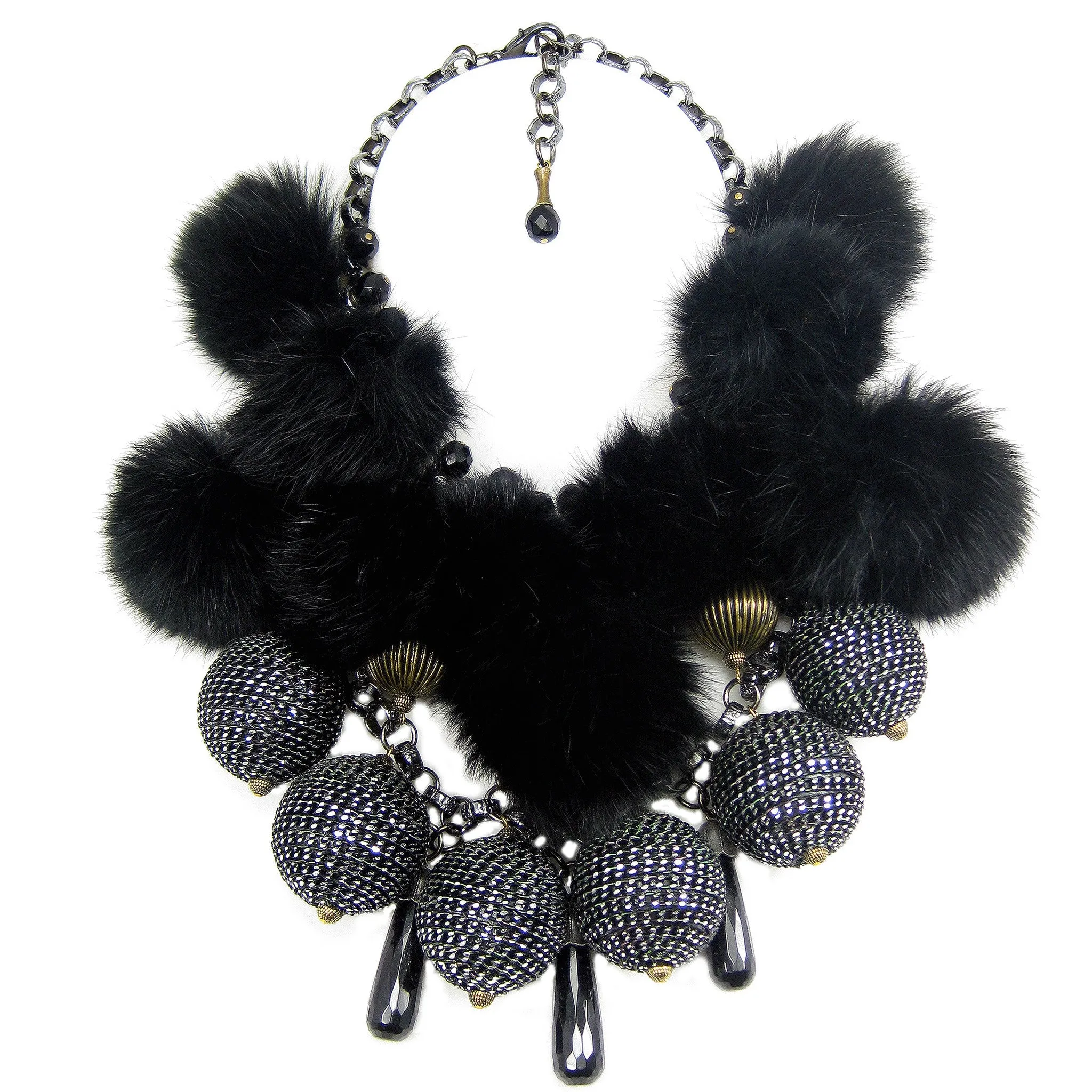 #877n Mixed Metal Bead, Jet Bead, Chain & Fur Pom Pom Bib Necklace