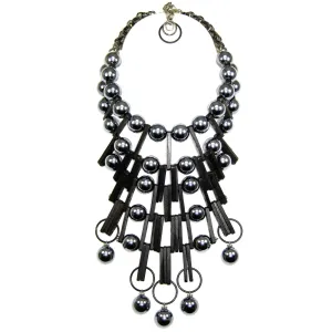 #992n Gunmetal & Black Architecture-Inspired Statement Bib Necklace