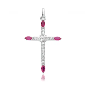 Acotis Silver Pendant Rhodium Plated Zirconia Cross Red G61130R