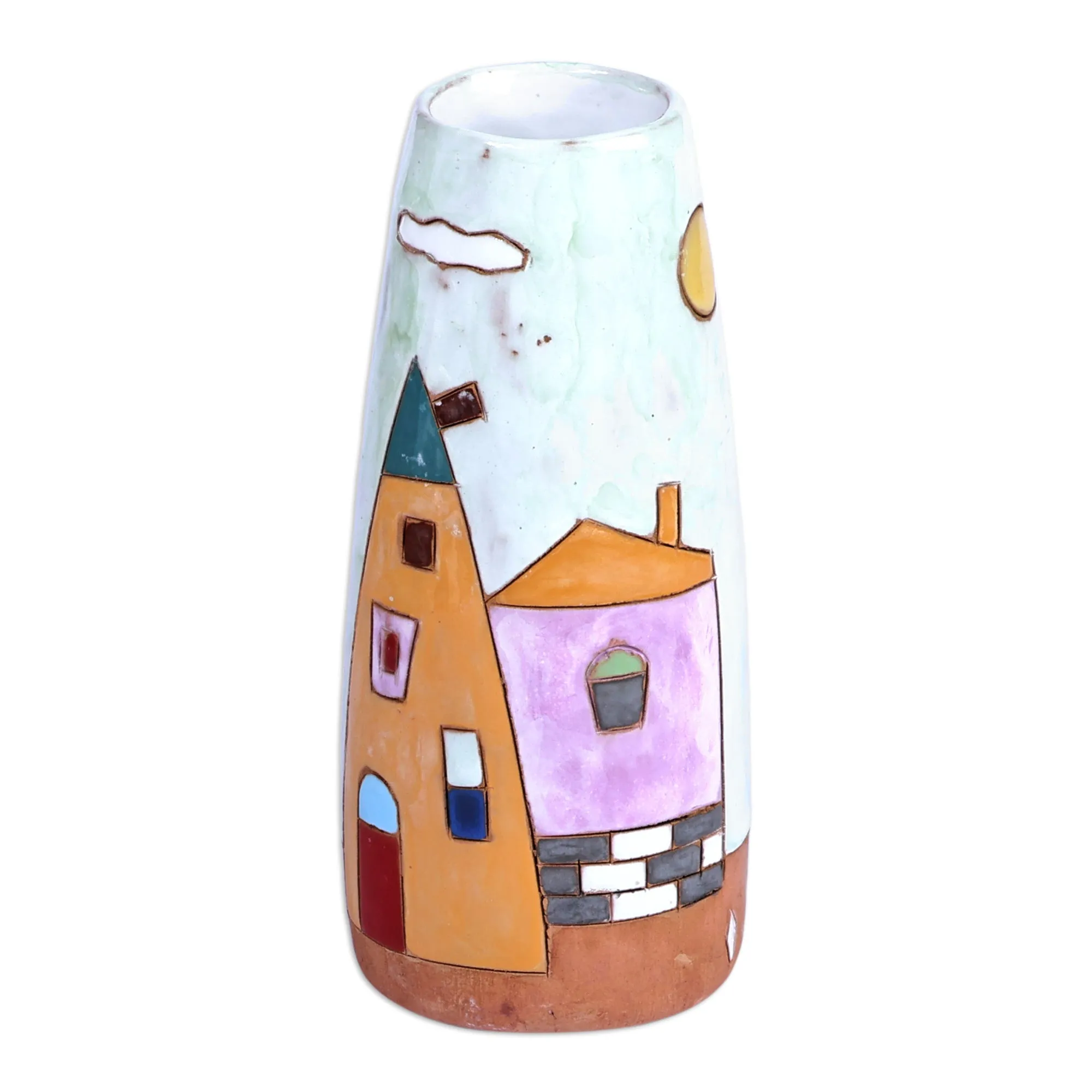 Armenian Hand-Painted Glazed Ceramic Vase with House Motif - Lovely Homes | NOVICA