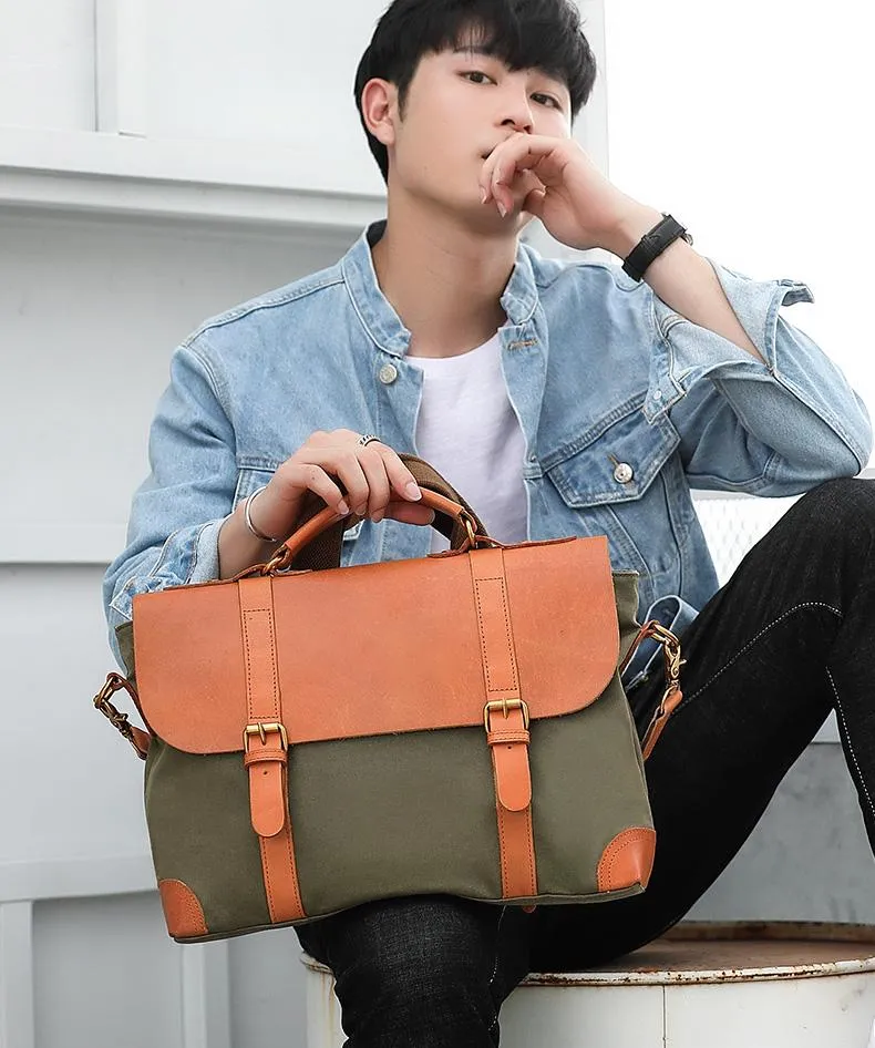 Army Green Leather Canvas Mens Casual Briefcase Shoulder Bag Messenger Bags Casual Courier Bags for Men