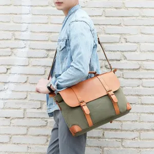 Army Green Leather Canvas Mens Casual Briefcase Shoulder Bag Messenger Bags Casual Courier Bags for Men