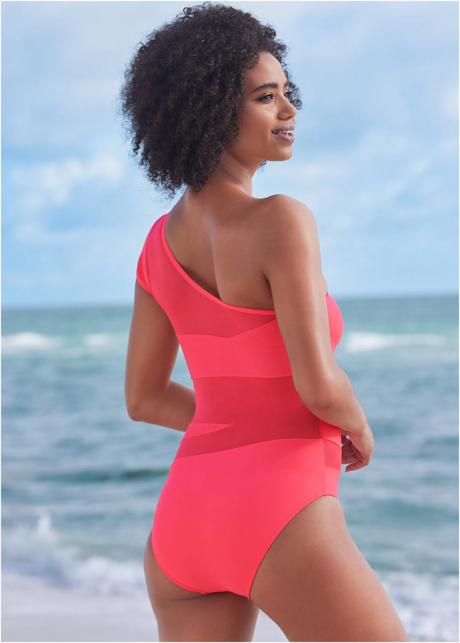 Asymmetrical Mesh One-Piece - Sunset Pink