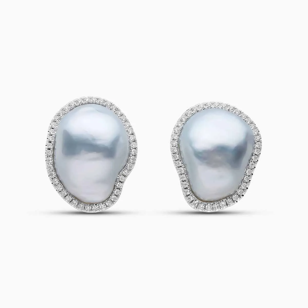 Baroque 18K Gold Mini Silver South Sea Pearl and Diamond Stud Earrings