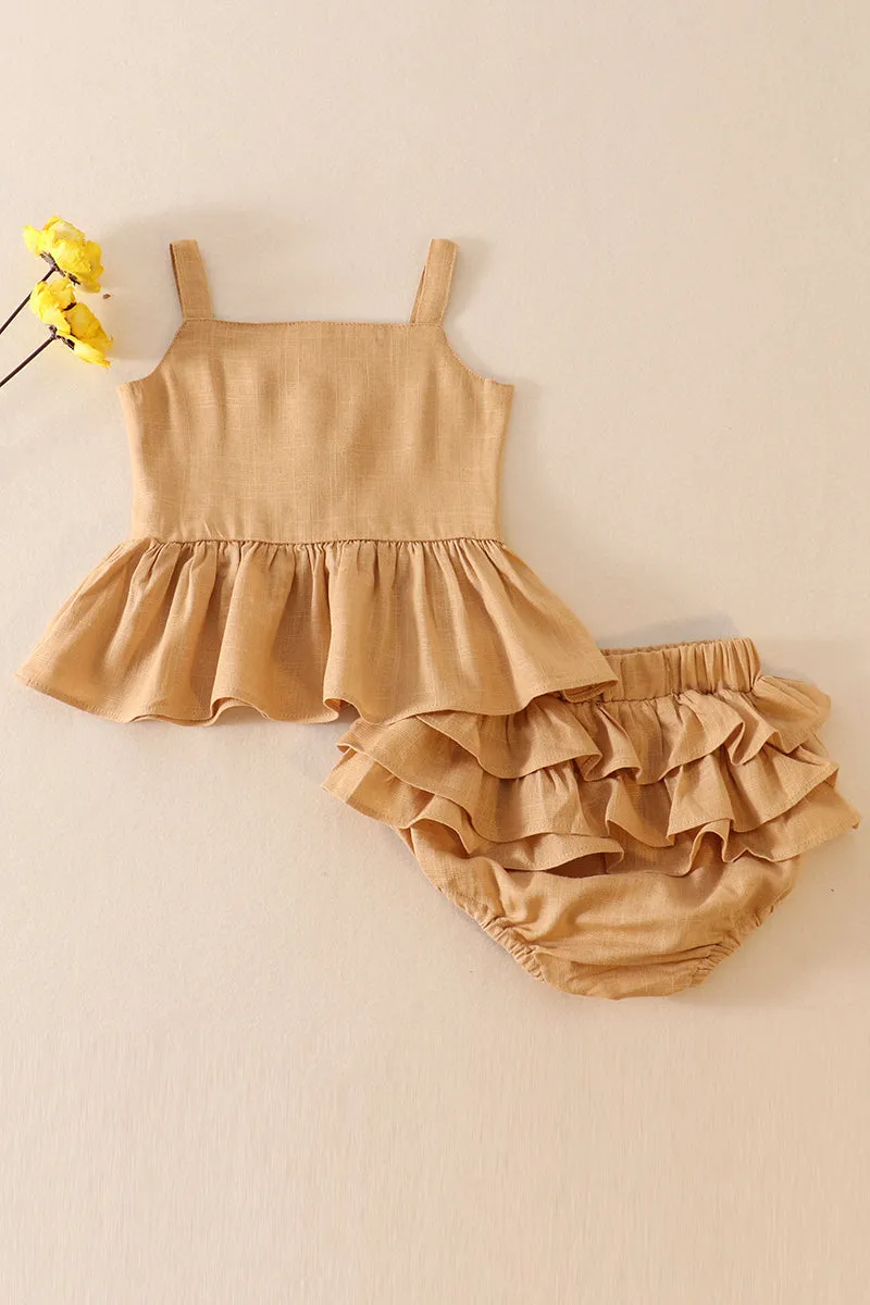 Beige linen ruffle 2pc baby set