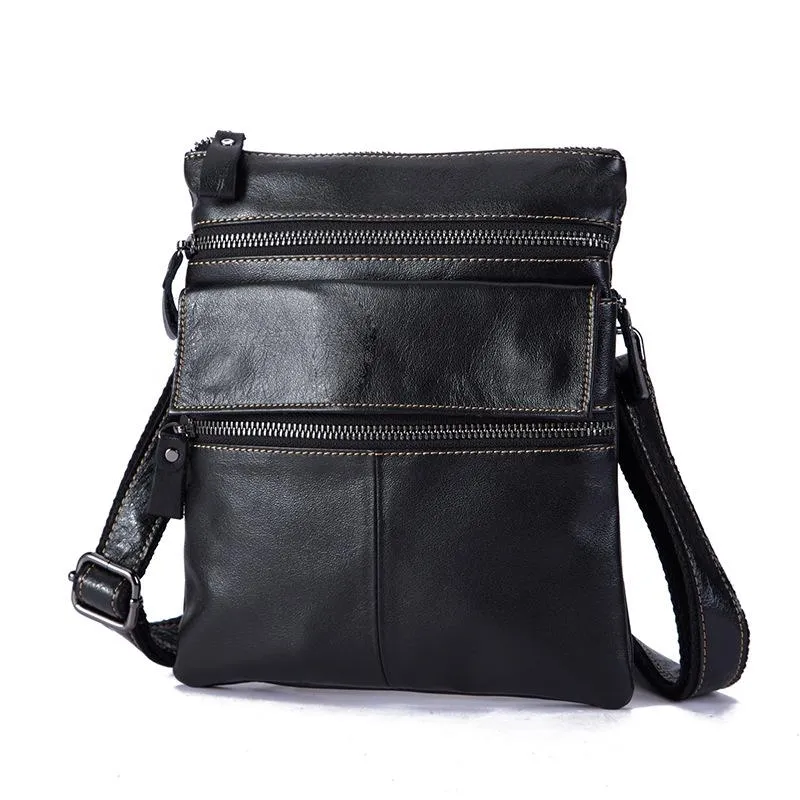 Black Cool Leather 8 inches Small Zipper Messenger Bag Vertical Shoulder Bag Brown Side Bag For Men