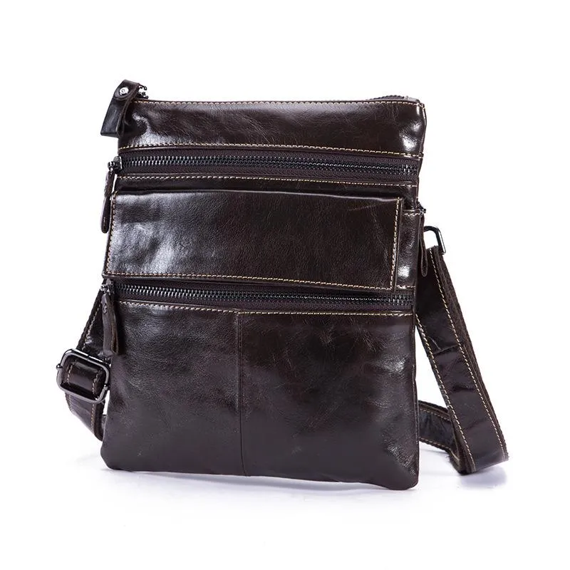 Black Cool Leather 8 inches Small Zipper Messenger Bag Vertical Shoulder Bag Brown Side Bag For Men