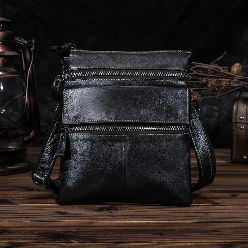 Black Cool Leather 8 inches Small Zipper Messenger Bag Vertical Shoulder Bag Brown Side Bag For Men