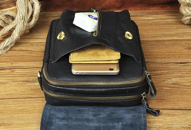 Black Genuine Leather Mens Small Messenger Bag Side Bag Courier Bag For Men