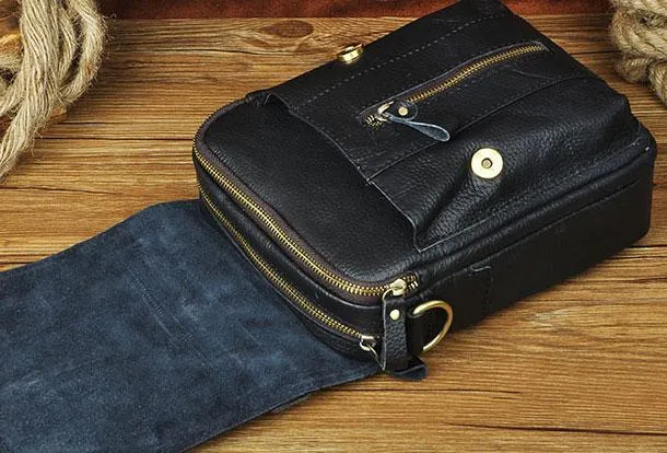 Black Genuine Leather Mens Small Messenger Bag Side Bag Courier Bag For Men