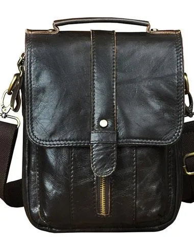 Black Genuine Leather Mens Small Messenger Bag Side Bag Courier Bag For Men