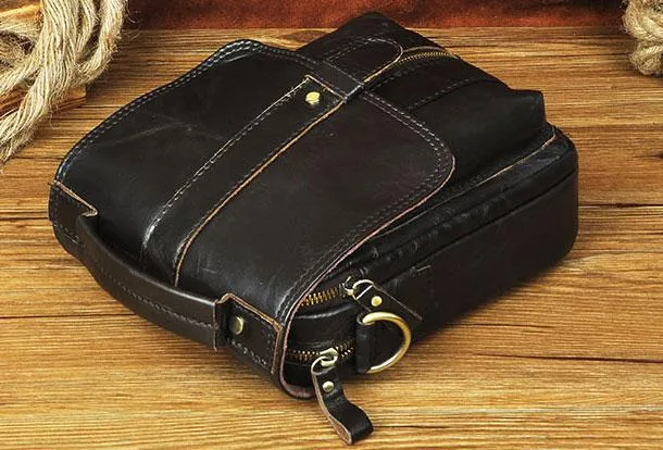 Black Genuine Leather Mens Small Messenger Bag Side Bag Courier Bag For Men