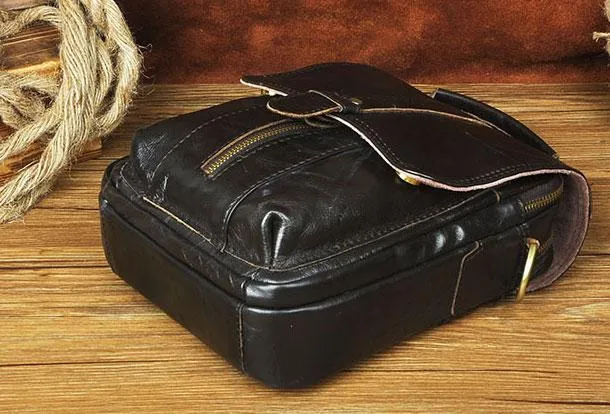 Black Genuine Leather Mens Small Messenger Bag Side Bag Courier Bag For Men