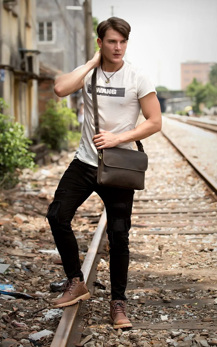 Black Leather 10 inches Mens Casual Messenger Bag Shoulder Bags for Men