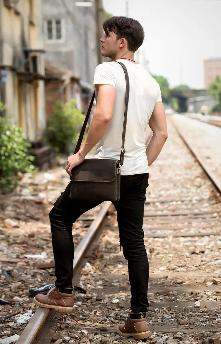 Black Leather 10 inches Mens Casual Messenger Bag Shoulder Bags for Men