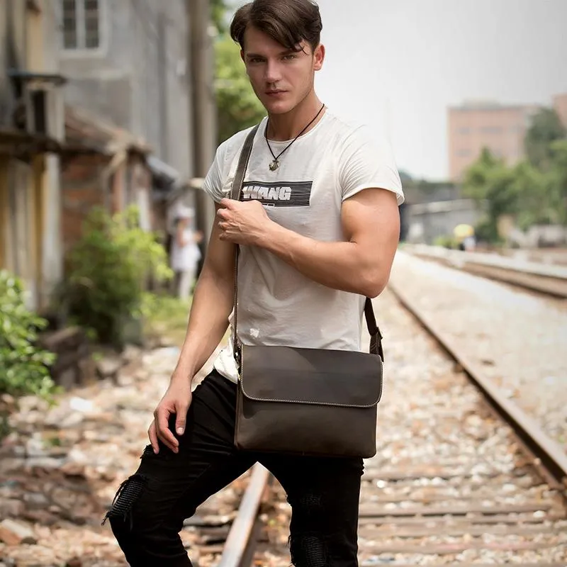 Black Leather 10 inches Mens Casual Messenger Bag Shoulder Bags for Men