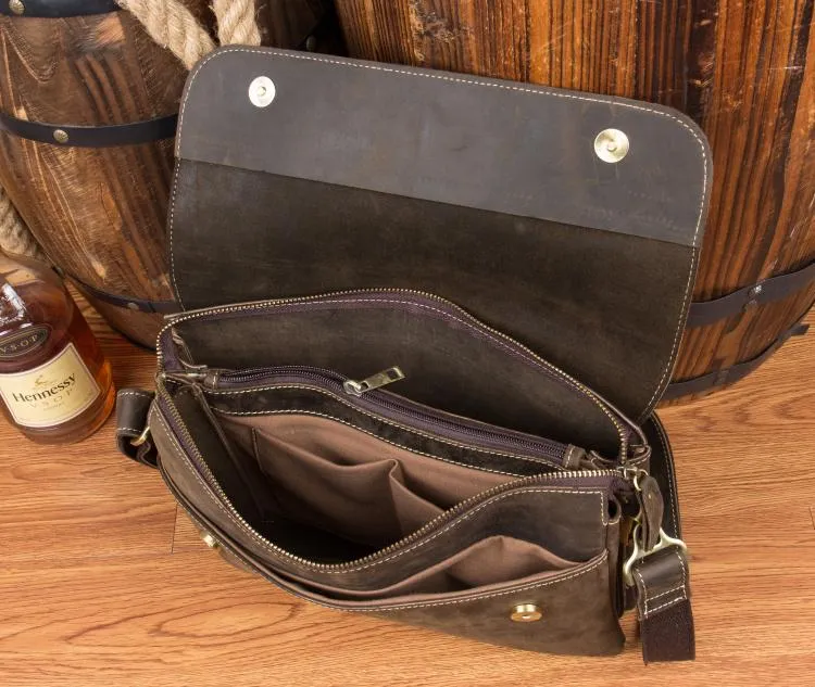 Black Leather 10 inches Mens Casual Messenger Bag Shoulder Bags for Men