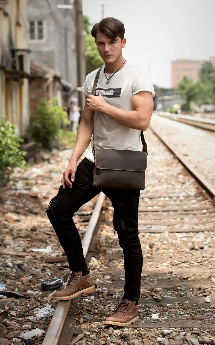 Black Leather 10 inches Mens Casual Messenger Bag Shoulder Bags for Men