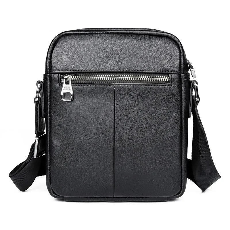 Black Leather 8 inches Small Side Bag Vertical Courier Bag Messenger Bag For Men