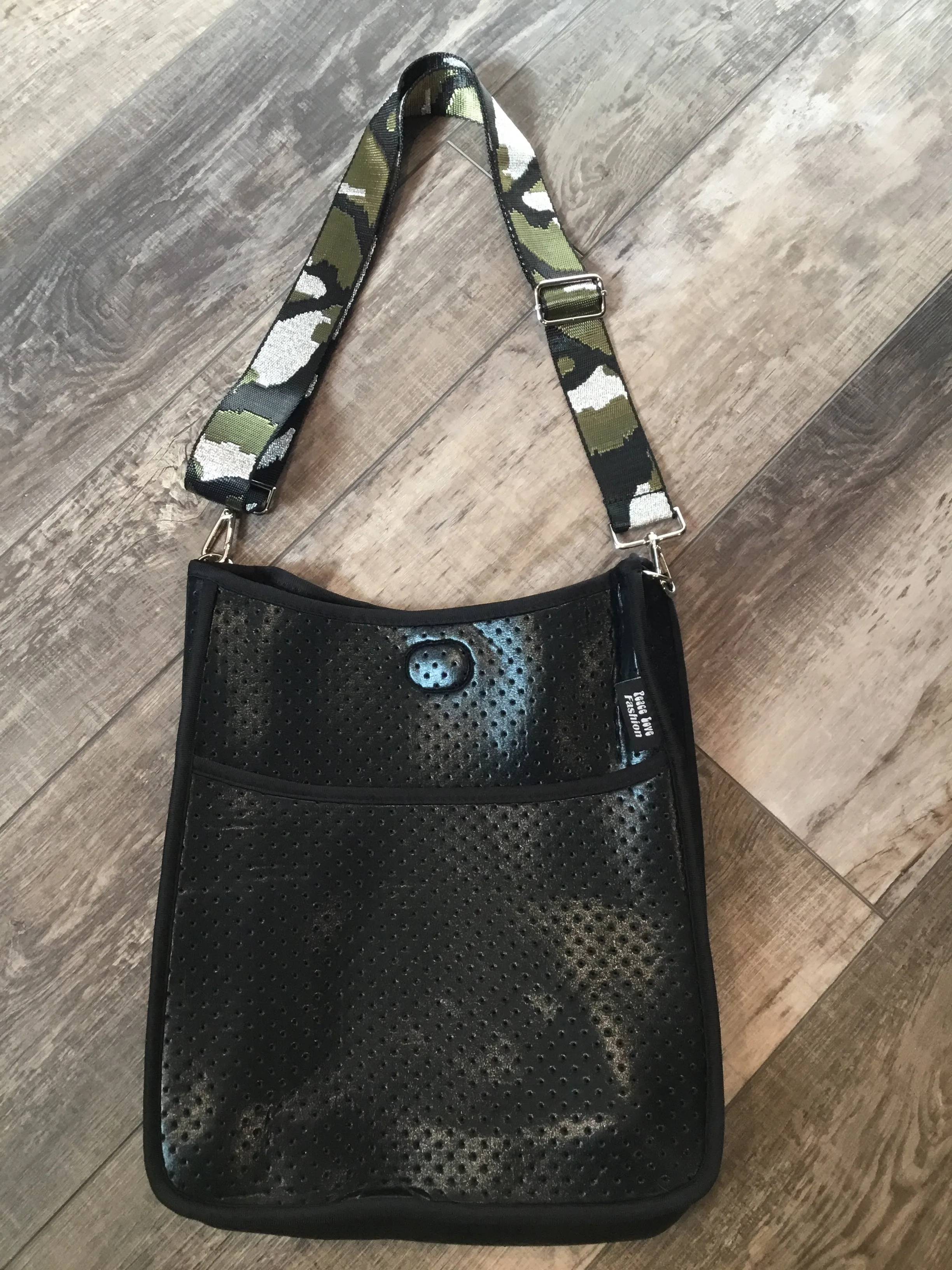 Black Metallic Neoprene Messenger Bag with Black/Army/Silver Camo Strap