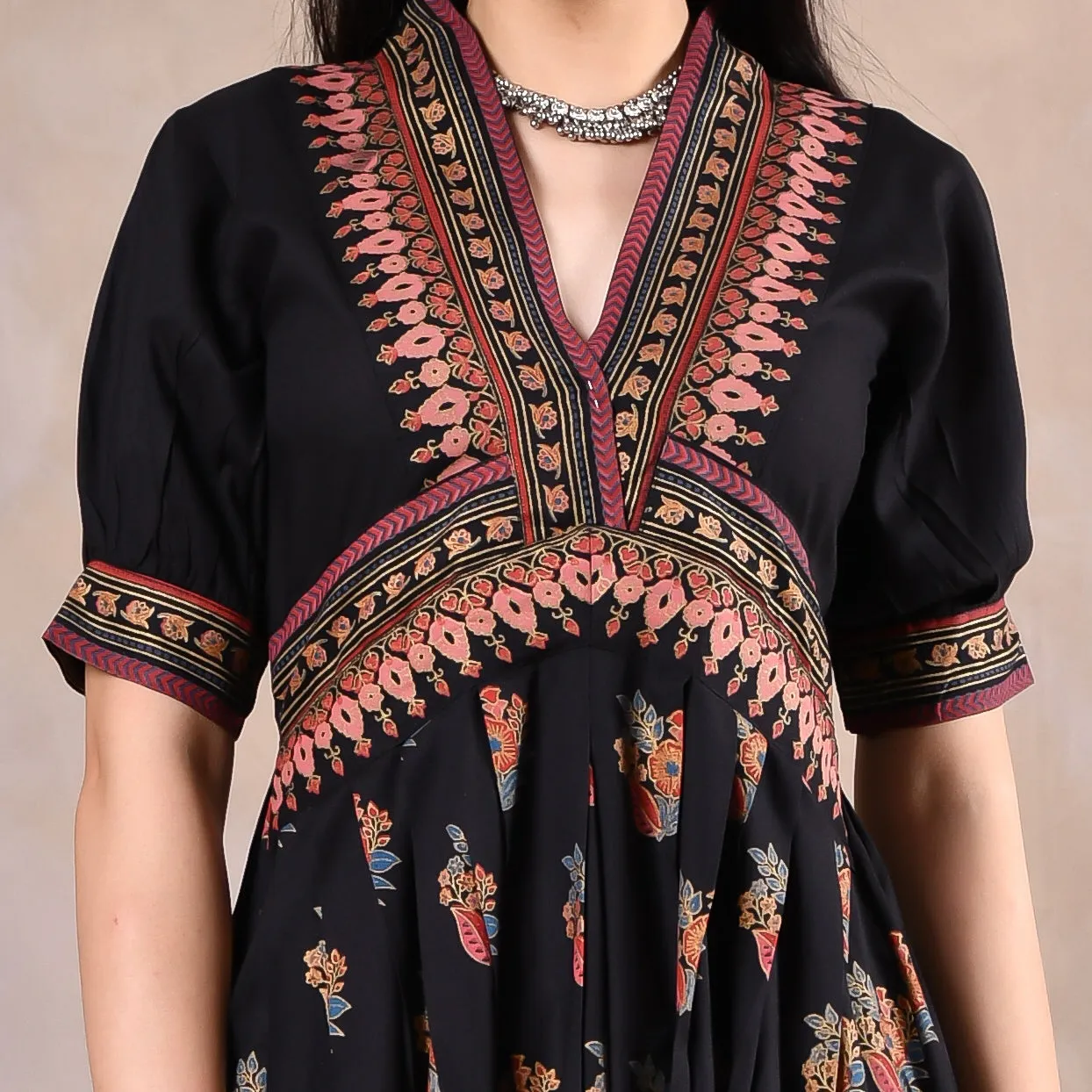 Black Printed V Neck Gathered Dress