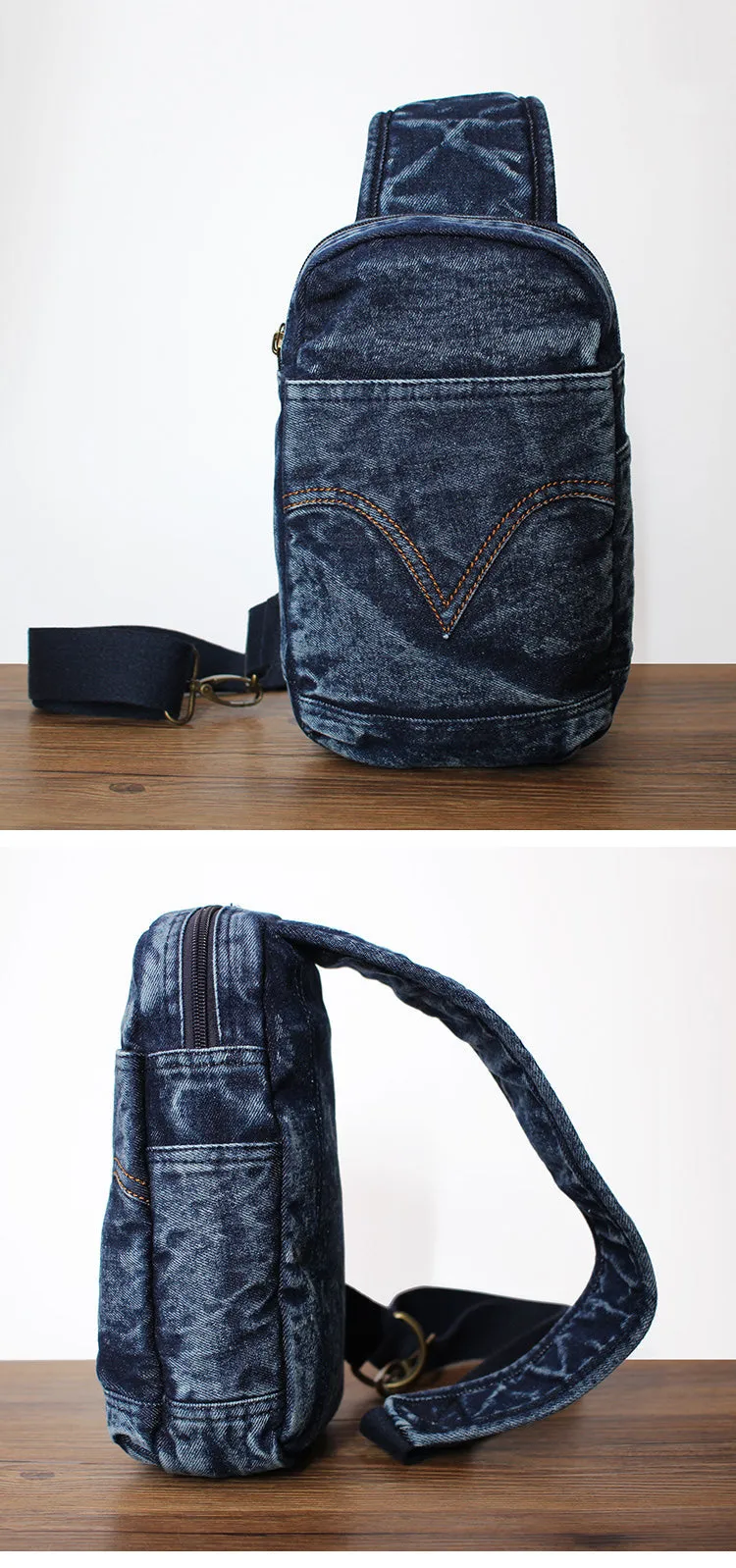 Blue Denim Mens Cool Sling Bag Chest Bag Vintage Blue Denim Sling Bag For Men