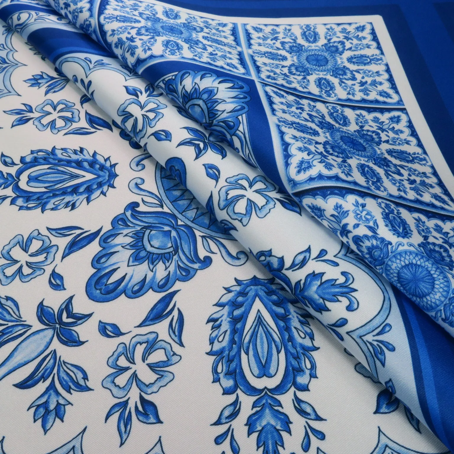 Blue Mosaic on White Printed Polyester Mikado Fabric