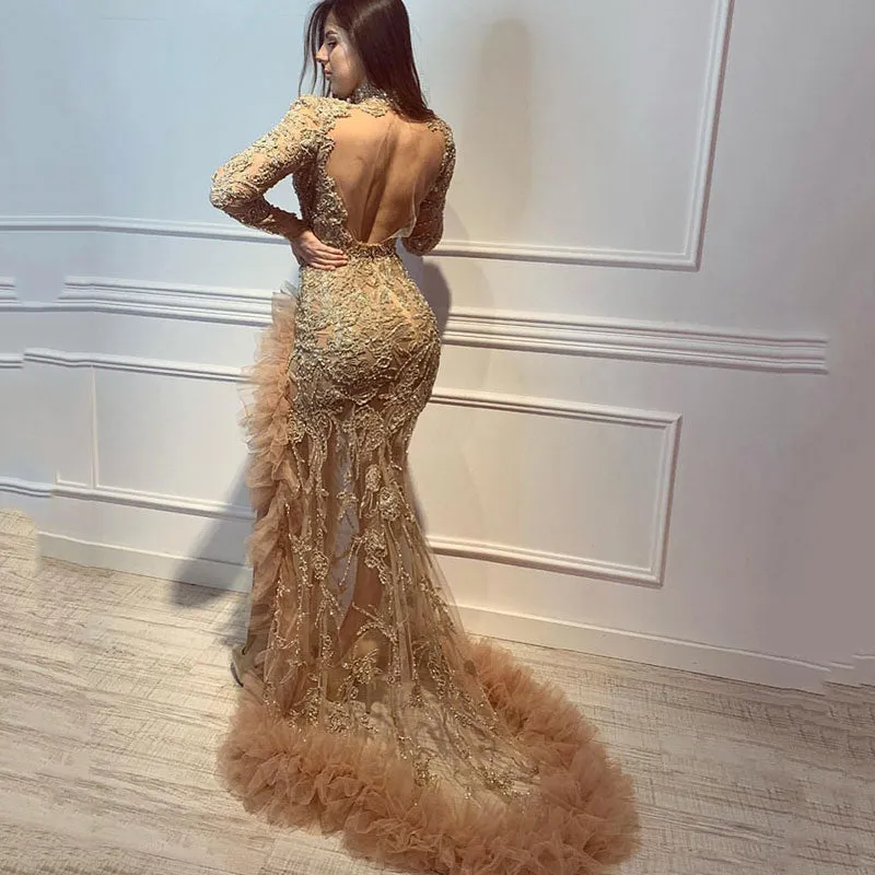 Bohemian Chic Wedding Guest Dress Golden Sexy Evening Dress Banquet Long Fishtail Skirt