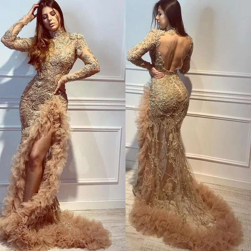 Bohemian Chic Wedding Guest Dress Golden Sexy Evening Dress Banquet Long Fishtail Skirt