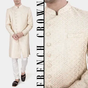 Bone Cream Embroidered with Sequins Work Sherwani with Kurta and Pajama Set