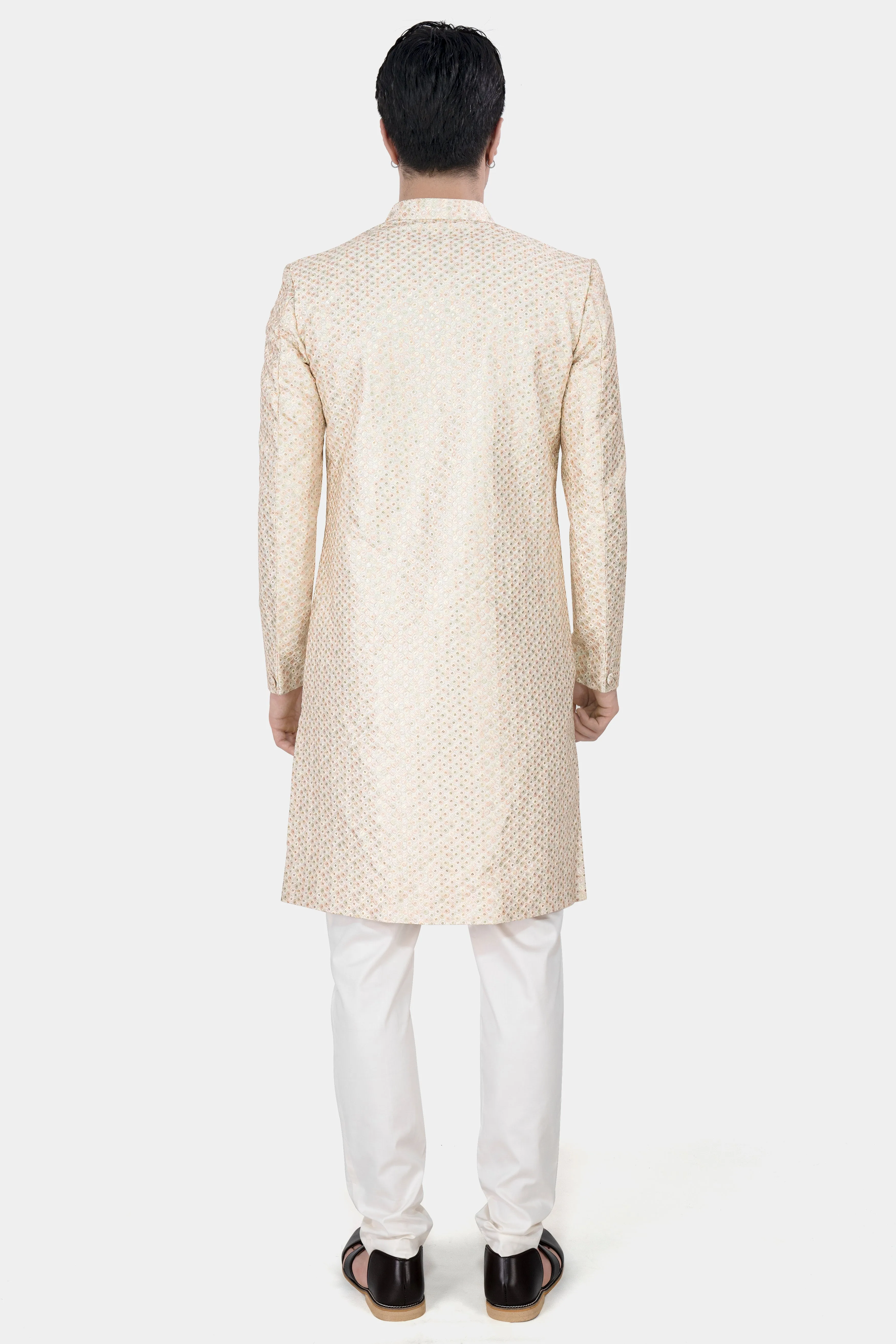 Bone Cream Embroidered with Sequins Work Sherwani with Kurta and Pajama Set