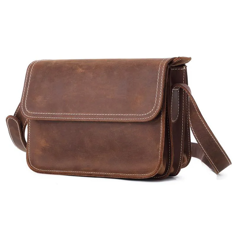 Brown Cool Leather Small Messenger Bag Satchel Postman Bag Coffee Side Bag Courier Bag For Men