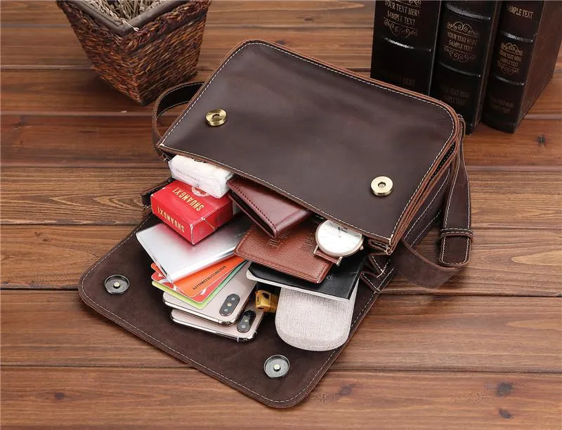 Brown Cool Leather Small Messenger Bag Satchel Postman Bag Coffee Side Bag Courier Bag For Men