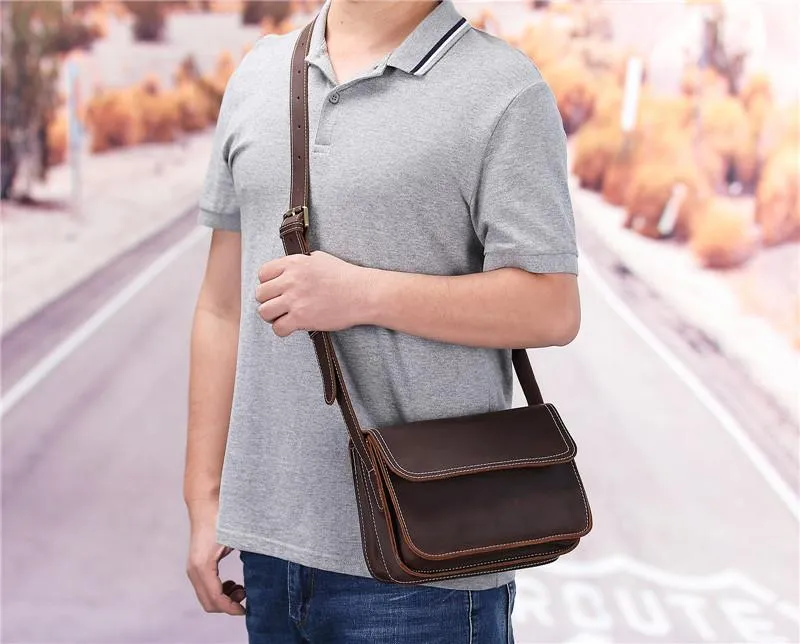 Brown Cool Leather Small Messenger Bag Satchel Postman Bag Coffee Side Bag Courier Bag For Men