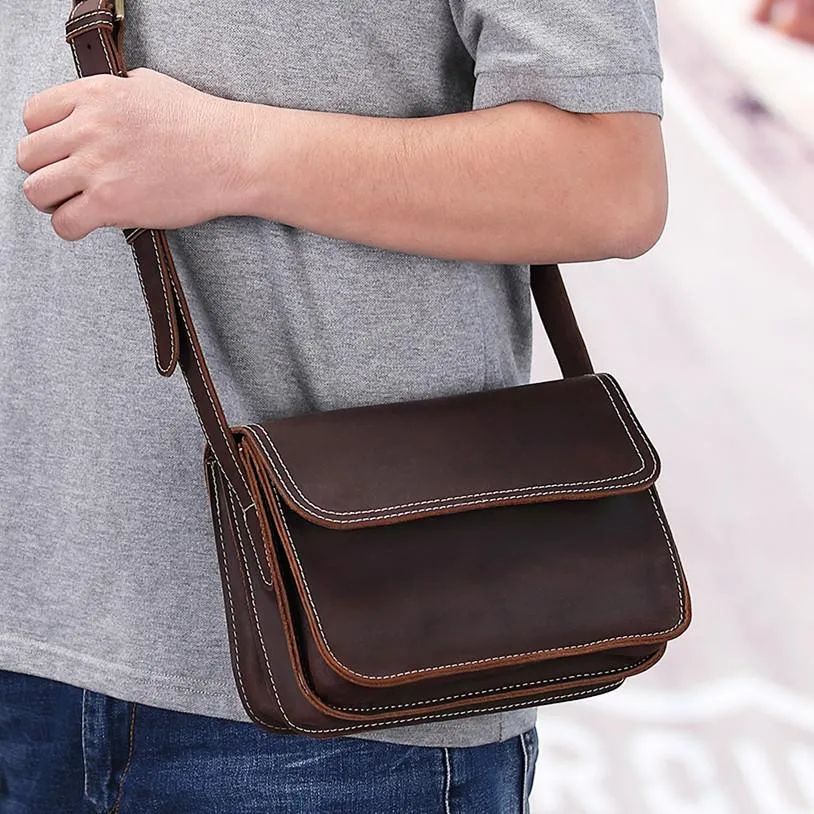 Brown Cool Leather Small Messenger Bag Satchel Postman Bag Coffee Side Bag Courier Bag For Men