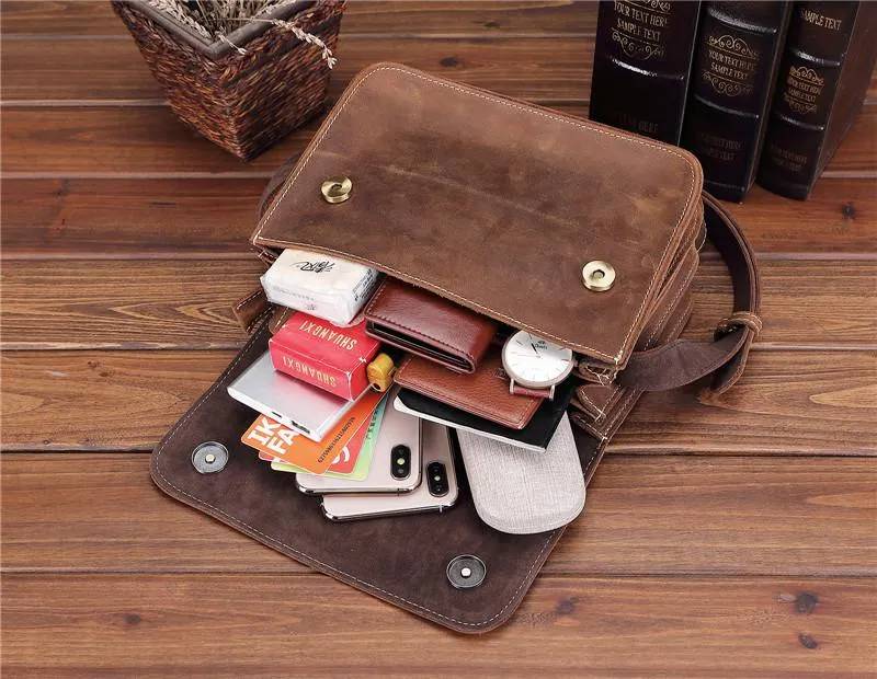 Brown Cool Leather Small Messenger Bag Satchel Postman Bag Coffee Side Bag Courier Bag For Men