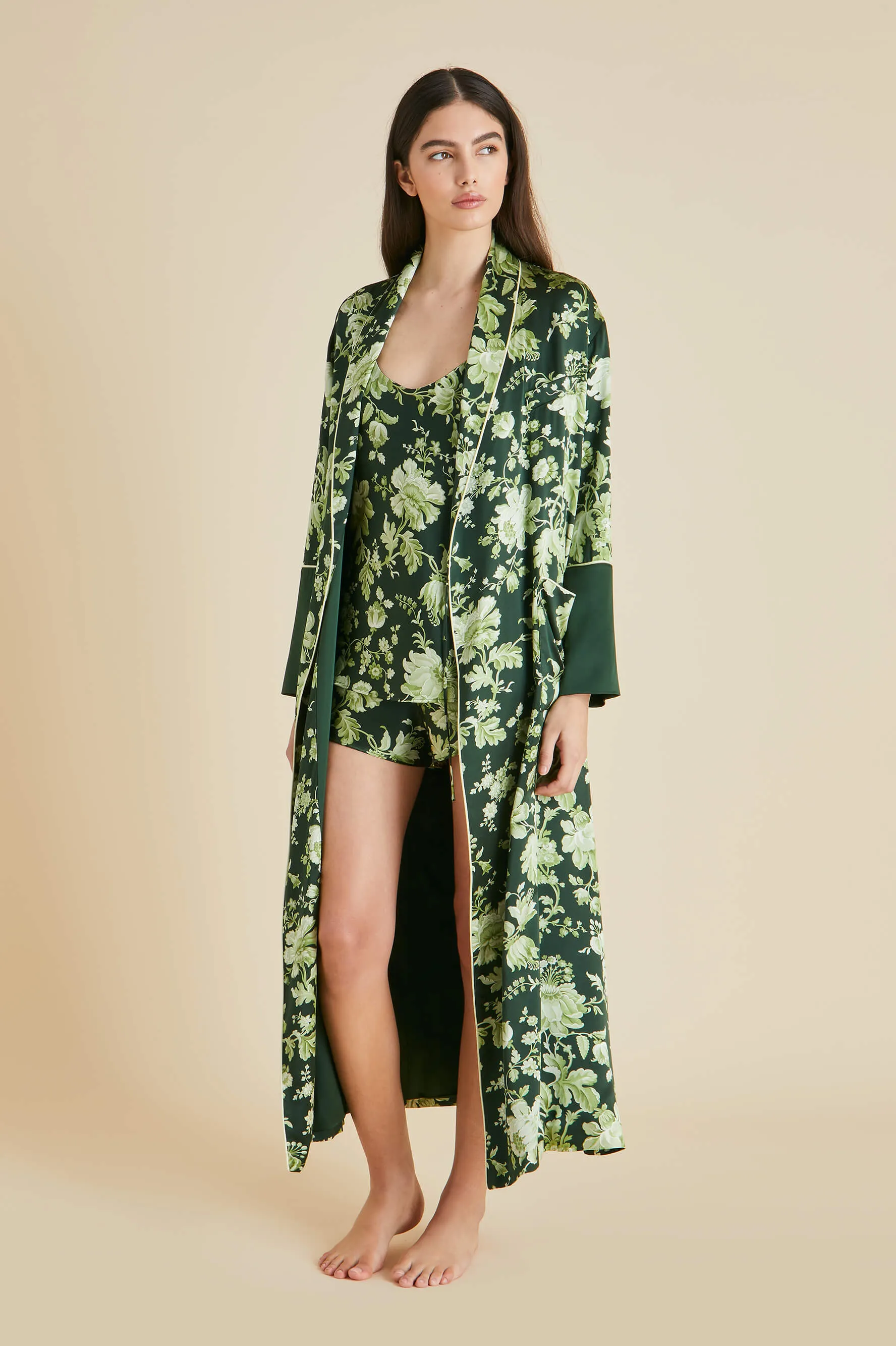 Capability Ares Green Floral Robe in Silk Satin