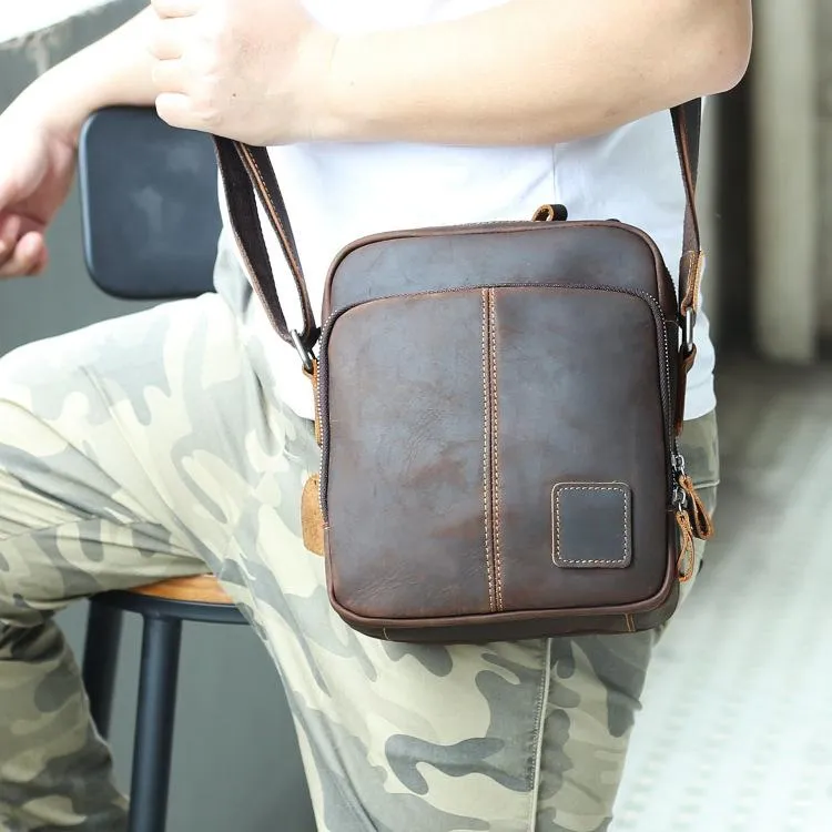 Casual Leather Brown Mens Vintage Small Side Bag Vertical Messenger Bag Shoulder Bags For Men