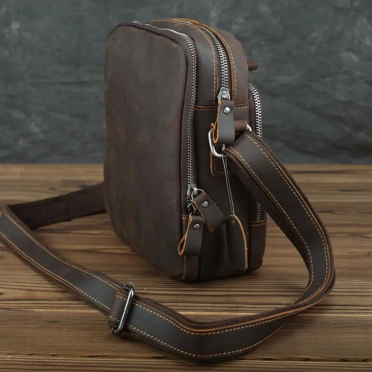 Casual Leather Brown Mens Vintage Small Side Bag Vertical Messenger Bag Shoulder Bags For Men