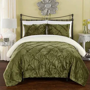 Chic Home 3 Piece Josepha Pinch Pleated Ruffled and Pin Tuck Sherpa Lined Queen Bed in a Bag Comforter Set Green