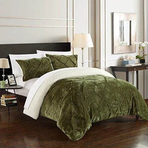 Chic Home 3 Piece Josepha Pinch Pleated Ruffled and Pin Tuck Sherpa Lined Queen Bed in a Bag Comforter Set Green