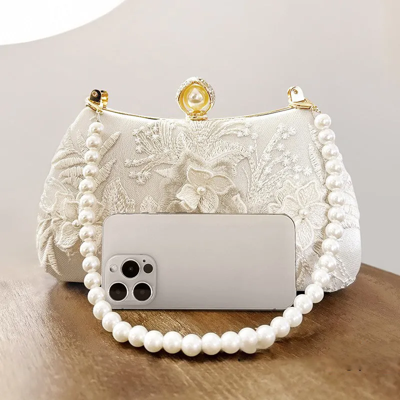 Chinese Style Embroidery Evening Bag with Pearl Handle and Pearls Chain